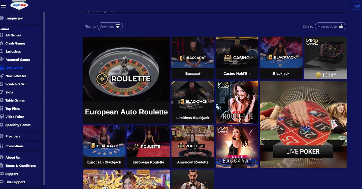 Živé kasino Vegas Days Casino Live casino Vegas Days s živými krupiéry od Vivo Gaming